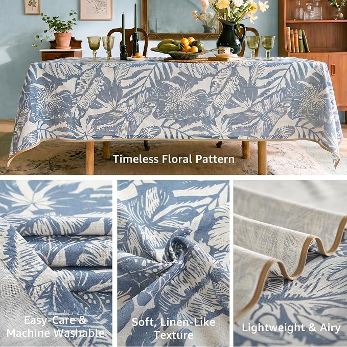 jinchan Blue Tropical Floral Linen Rectangle Table Cloth 50x70 | Vibrant - Image 3
