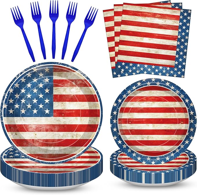 100 Pcs American Flag Party Supplies Set, Serves 25 – Disposable Patriotic by Merriva