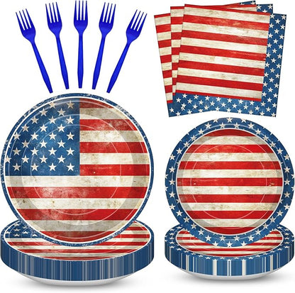 100 Pcs American Flag Party Supplies Set, Serves 25 – Disposable Patriotic by Merriva