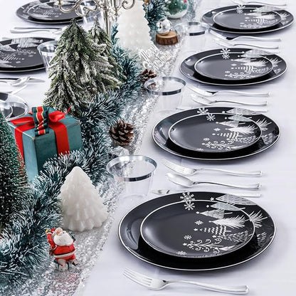 KIRE 150PCS Christmas Plates Disposable & Dinnerware Set for 25 Guests - Black & Silver Plates, Plastic Silverware & Cups With Silver Rim for Christmas/New Year