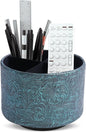 lizimandu Round Leather Art Supply Organizer,Remote Control Holder,360 Degree Spinning,Multi-Functional Pencil Holder,4 Compartments Desktop Stationary Organizer(1-Carved Metal Green3)