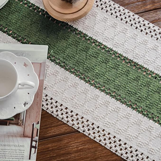 Macrame Table Runner Cream Beige and Green Boho Table Runners - Image 7