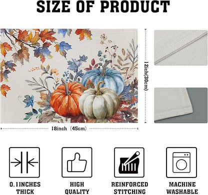 Fall Placemats Set of 4, 12 x 18 Inch Blue and Orange Pumpkin Fall Maple Leaves Washable Heat Resistant Rectangle Place Mat Thanksgiving Decor Table Mats for Seasonal Kitchen Dining
