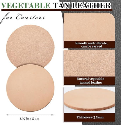 Bulyoou 50 Pack Round Vegetable Tan Leather 2" Tooling Veg Circular Leather Pieces Sheet for Laser Engraving Coasters Tooling Stamping Carving, Thickness 3.2 mm