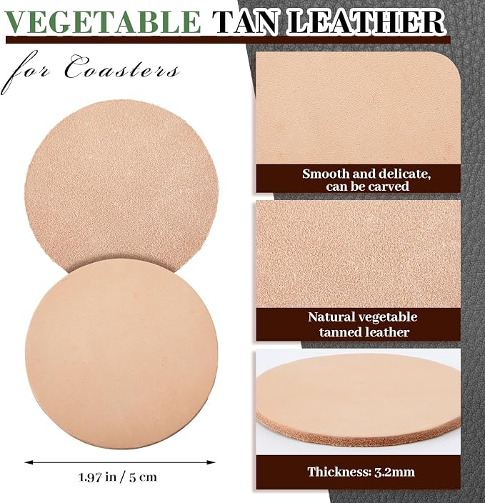 Bulyoou 25 Pack Round Vegetable Tan Leather 2" Tooling Veg Circular Leather - Image 2