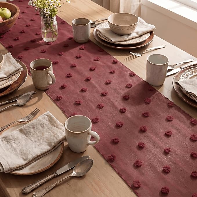 Artoid Mode Red Pom Pom Tulle Table Runner, Seasonal Christmas Washable Kitchen - Image 4