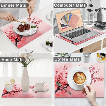 Japanese Cherry Blossom Placemats Set of 6, Pink Sakura Floral Place Mats, Flower Waterproof Washable Table Mats for Home Party Indoor Kitchen Dining Table Decoration 12x18 Inch