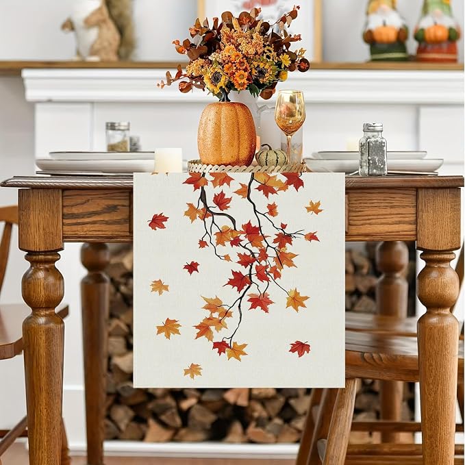 Fall Table Runner Maple Leaf Seasonal Autumn Burlap Table Decoration Holiday - Image 3