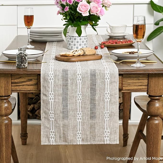 Artoid Mode Brown Farmhouse Embroidered Hollow Table Runner, Seasonal Kitchen - Image 2