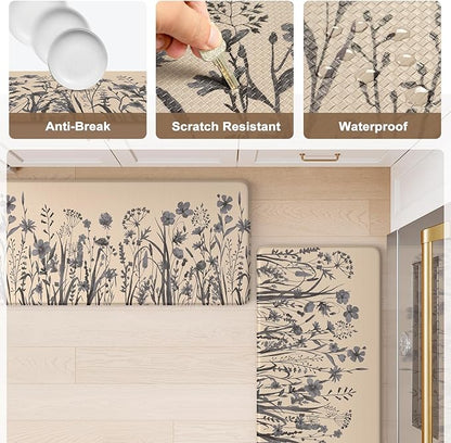 KIMODE Kitchen Anti Fatigue Mats, Farmhouse Kitchen Rugs Sets of 2, Memory Foam Kitchen Mats for Floor, Waterproof Standing Mat for Sink, Laundry, Office, Desk Brown/Gray 17"x59"+17"x29"