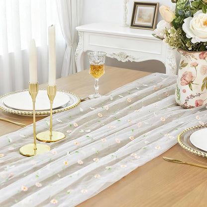Table Runner 10FT Gauze Elegant Tea Party Decor Pastel Embroiderey | Pink Sheer - Image 4