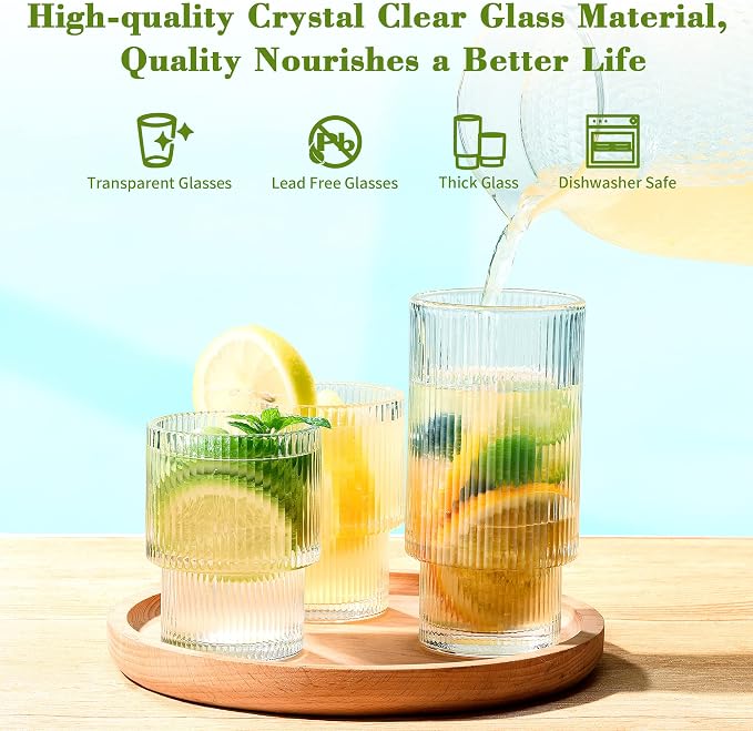 ISMASOAN Small Ribbed Glassware Set of 12, Glass Cups Fluted 12 oz & 7 oz | - Image 3