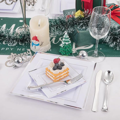 Liacere 100PCS White and Silver Square Plastic Plates - 50PCS Heavy Duty 9.5inch White Dinner Plate and 50PCS 6inch Dessert Plates-Silver Disposable Plate for Party＆Wedding＆New Year&Chrismas