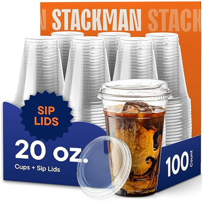 Clear Plastic Cups with Strawless Sip Lids - 20 oz PET Cups | Disposable Iced by StackMan