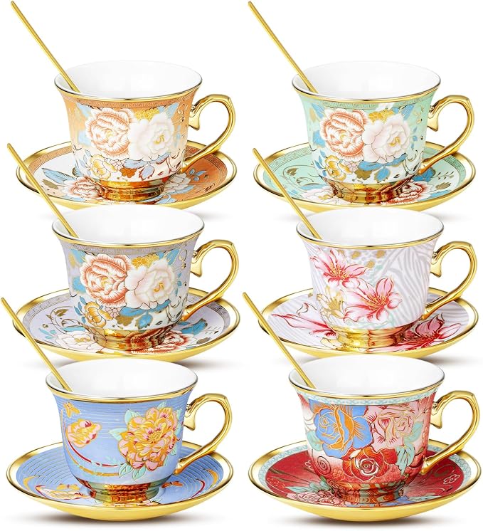 Tea Cups and Saucers, Tea Cup Set of 6, 8 OZ Floral Cups Porcelain Cup Set by Unknown