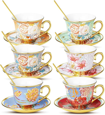 Tea Cups and Saucers, Tea Cup Set of 6, 8 OZ Floral Cups Porcelain Cup Set by Unknown