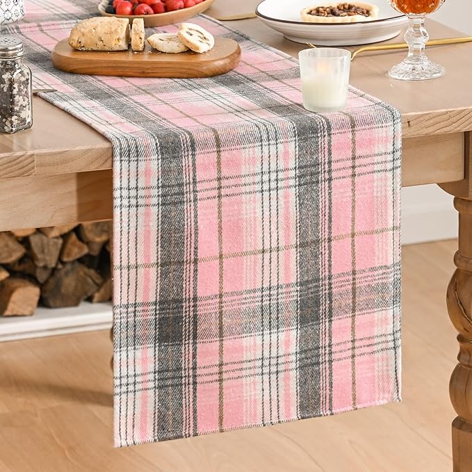 Artoid Mode Pink Grey Farmhouse Plaid Spring Table Runner, Winter Rustic by ArtoidMode