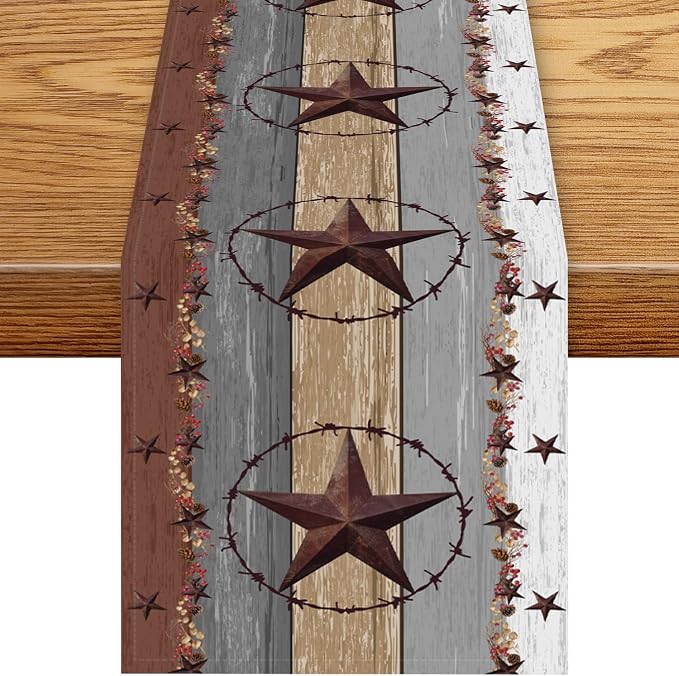 Western Texas Table Runner, Rustic Farmhouse Brown Wooden Plank Cowboy Star by Unknown