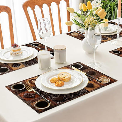Coffee Placemats Set of 4, Cafe Table Mats, Washable Place Mats for Coffee Bar Home Party Indoor Kitchen Dining Table Decoration 12x18 Inch
