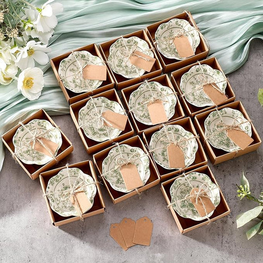 12 Pcs Wedding Favors for Guests Small Ceramic Bowl Bulk Gifts Set 3.3 Inch Floral Design Mini Dipping Sauce Dish with Card Box for Bridal Pooja Baby Shower Birthday Guest Gift (Sage Green)