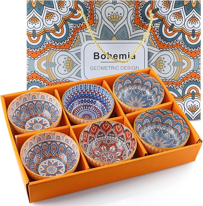 Ceramic Rice Bowls 10 oz, Bohemian Style Bowl Gift Set by Sanbege