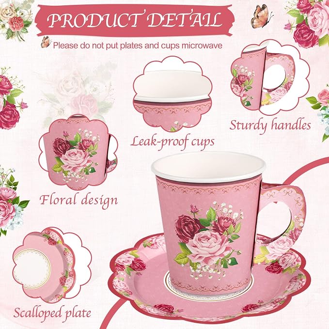 24 Sets Vintage Floral Tea Party Cups 7 OZ Disposable Paper Cups - Image 3
