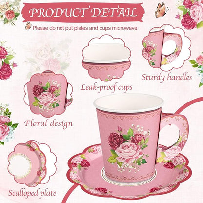 24 Sets Vintage Floral Tea Party Cups 7 OZ Disposable Paper Cups - Image 3