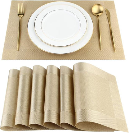 DACHUI Placemats Set of 6, Stylish Woven Place Mats for Dining Table, Washable & Durable PVC Table Mats (Gold)