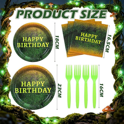 Yungyan 24 Sets Green Moss Pattern Disposable Paper Plates and Napkins Forks Plants Nature Green Ogre Themed Birthday Party Tableware Set Dinnerware for Women Men