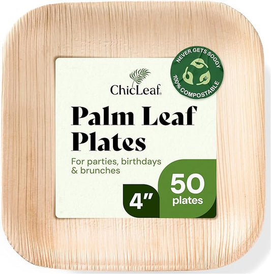Chic Leaf Compostable & Biodegradable Palm Leaf Disposable Bamboo Plates - Disposable Party Plates for Appetizers, Romantic Valentine's Dinner, Romantic Meal, Party Supplies (4'' - 50 Pack)