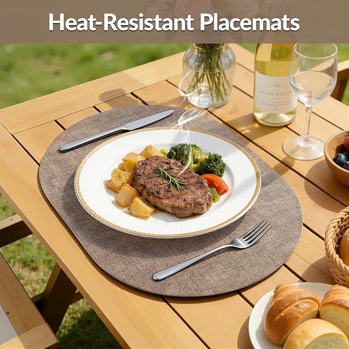 Placemats Set of 6, 11.8 x 17 Inch, Light Brown | Heat Resistant Oval Faux - Image 4