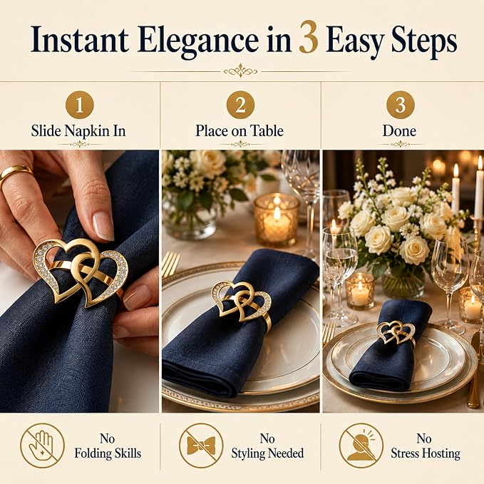 Gold Napkin Rings Set of 12 – Heart Design – Romantic Napkin Ring Holders - Image 5