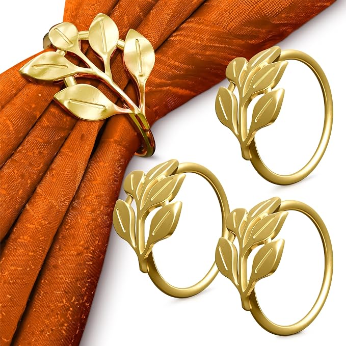 20 Pcs Gold Napkin Rings with Leaf Design, 1.38 Inch Inner Diameter | by Leglo