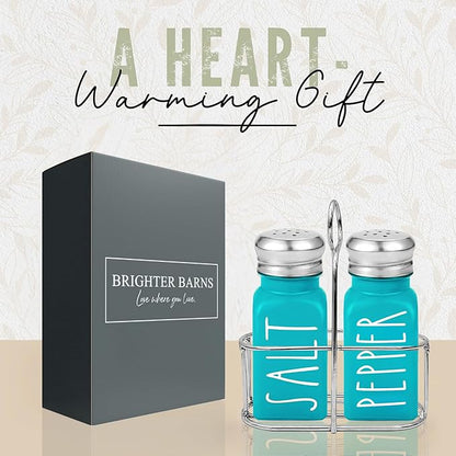 Teal Salt and Pepper Shakers Set with Holder by Brighter Barns - Turquoise Kitchen Decor and Accessories - Cute Salt and Pepper Set with Caddy - Modern Farmhouse Glass Shakers for Dining Table (Teal)