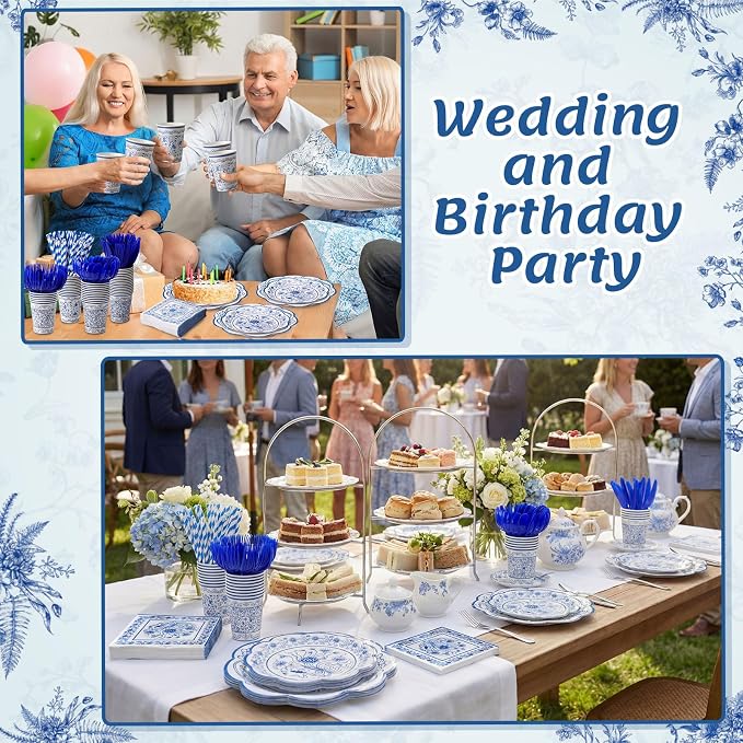 450 Pcs Blue Floral Tableware Set Decorations, Serves 50 | Blue White - Image 4