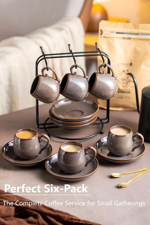 LYEOBOH 3 Ounce Espresso Cups and Saucers Set of 6, Ceramic Small Coffee Cups - Image 7