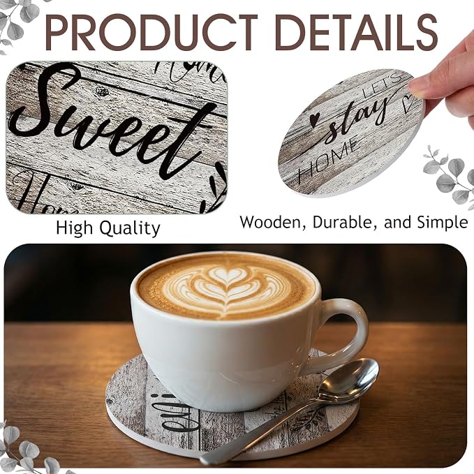 Queekay Coasters Set of 6 House Warming Gifts New Home Wooden Farmhouse Drink - Image 3