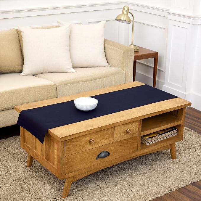 Solino Home 100% Pure Linen Dining Table Runner Navy Woven, Fete 14 x 60 in | by SolinoHome