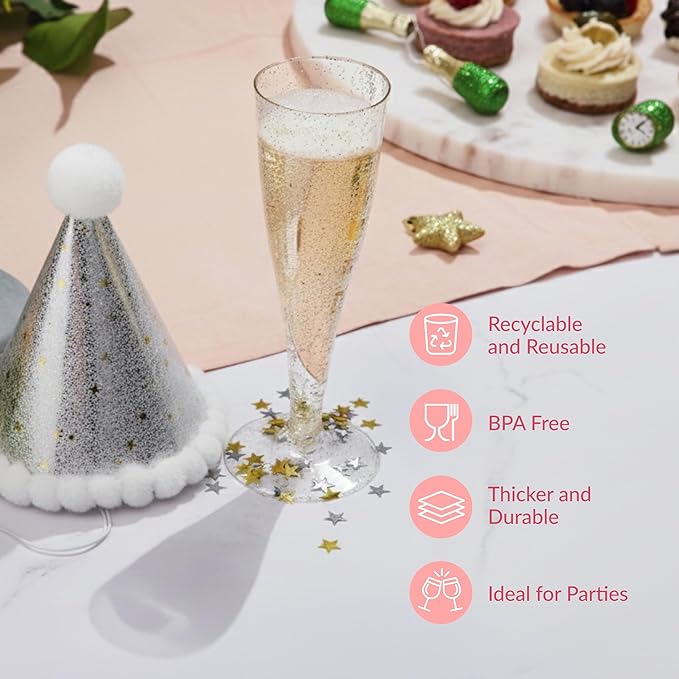 Prestee 48 Pack Champagne Flutes Plastic Disposable - Gold Glitter Flute Glasses for Champagne, Mimosa Bar, New Year's Eve 2025 Party Supplies, Wedding, Shower, Event - 4.5 oz Fairy Stemware