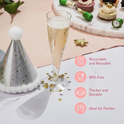Prestee 48 Pack Champagne Flutes Plastic Disposable - Gold Glitter Flute Glasses for Champagne, Mimosa Bar, New Year's Eve 2025 Party Supplies, Wedding, Shower, Event - 4.5 oz Fairy Stemware