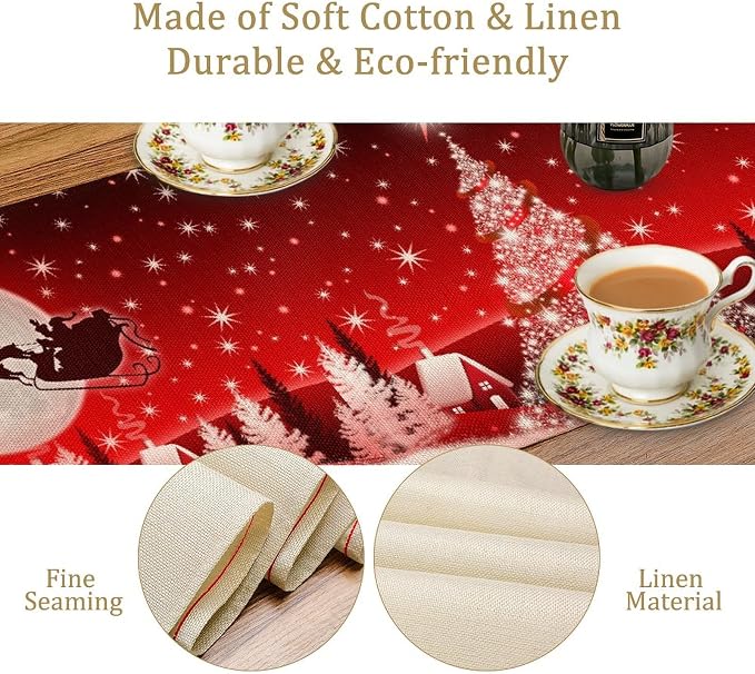 Merry Christmas Table Runner Red Snowflakes, Xmas Ball Ornaments Snow Red Table - Image 5