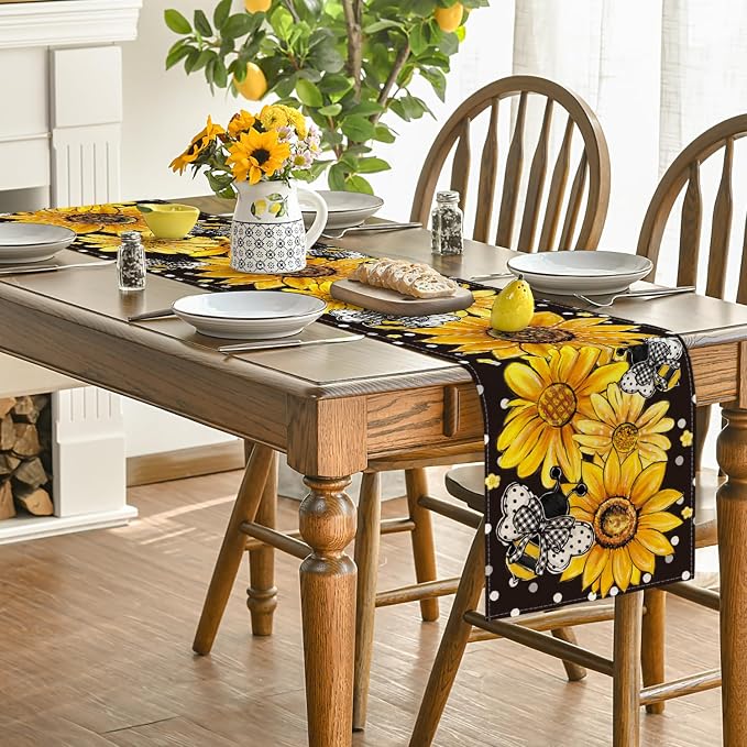 Artoid Mode Black Sunflower Bee Flower Polka Dot Summer Table Runner, Seasonal - Image 4