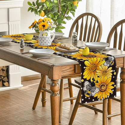Artoid Mode Black Sunflower Bee Flower Polka Dot Summer Table Runner, Seasonal - Image 4