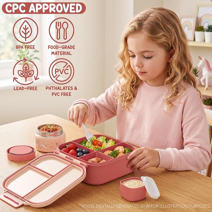 Fimibuke Kids Bento Lunch Box w/Insulated Water Bottle, Lunch Bag & Thermo | - Image 2