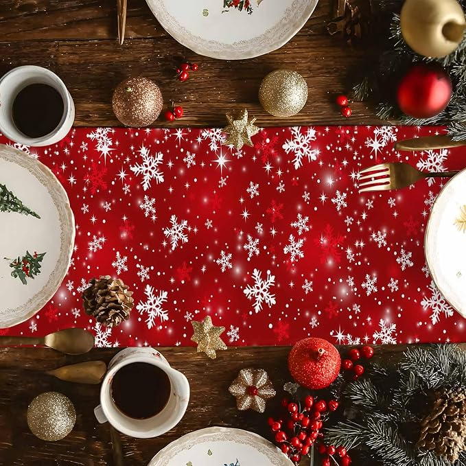 Red Christmas Table Runners 120 Inches Long, Cotton Linen Fabric Snowflake - Image 6