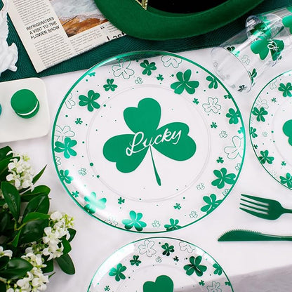 U-QE 60PCS St Patricks Day Plates - Clear and Green Disposable Plates - Premium Hard Green Plastic Plate Including 30 Dinner Plate 10.25'' & 30 Dessert Plate 7.5 '' Perfect for St. Patrick’s Day