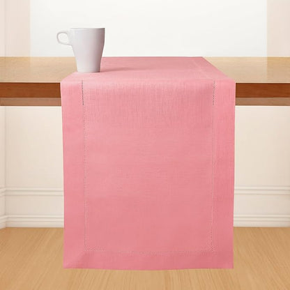 D'Moksha Homes Linen Dusty Pink Table Runner 108 Inches Long - 100% Pure Linen 14 x 108 Inch Table Runner for Valentines, Spring, Easter - Classic Hemstitch