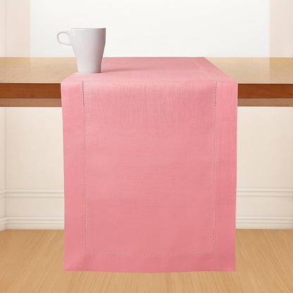D'Moksha Homes Linen Dusty Pink Table Runner 90 Inches Long - Classic Hemstitch 100% Pure Linen Dining Table Runner 14 x 90 Inch for Valentines, Spring, Easter