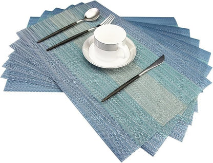 Placemats Washable Easy to Clean PVC Placemat for Kitchen Table Heat-resistand Woven Vinyl Hard Table Mats 12x18 inches Set of 6 （Blue）