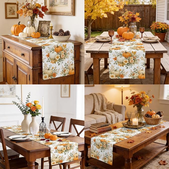 Thanksgiving Table Runner 72 Inches Long, Autumn Floral Leaves Kitchen Dining - Image 9